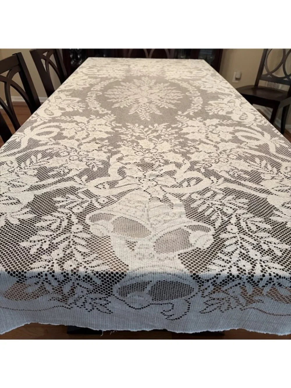 Vintage Christmas Lace Tablecloth Rectangular 108x68” Seasons Greetings Bells